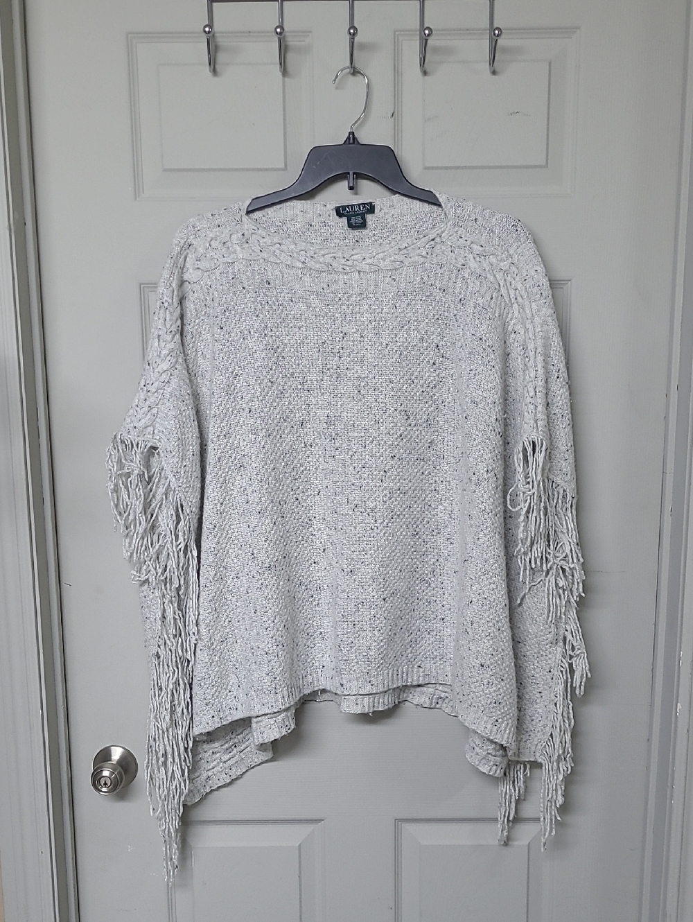 Lauren Ralph Lauren Ivory High-low Scoop Neck Fringe-Trim Sweater OS Like New